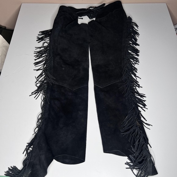 Source Unknown Other - 90s Suede Chaps Pants Mens 35x35 Black Fringe Western Belted Cowboy Riding